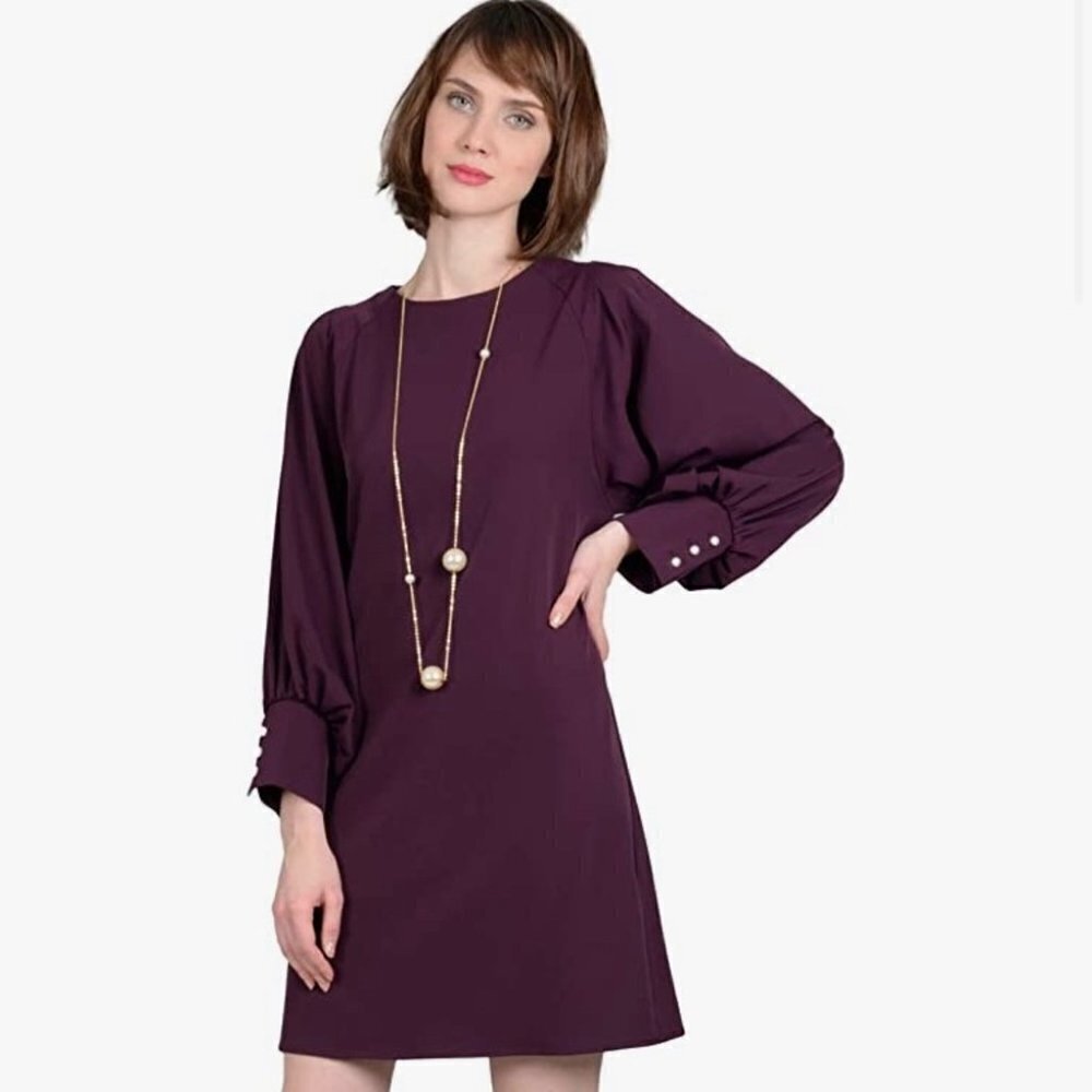MOLLY BRACKEN Sz L Balloon Puffy Sleeve Pearl Button Midi Wine Colour Dress